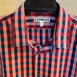 EXPRESS MEN’s COTTON button down shirt red blue checkered EXTRA SLIM FIT LARGE